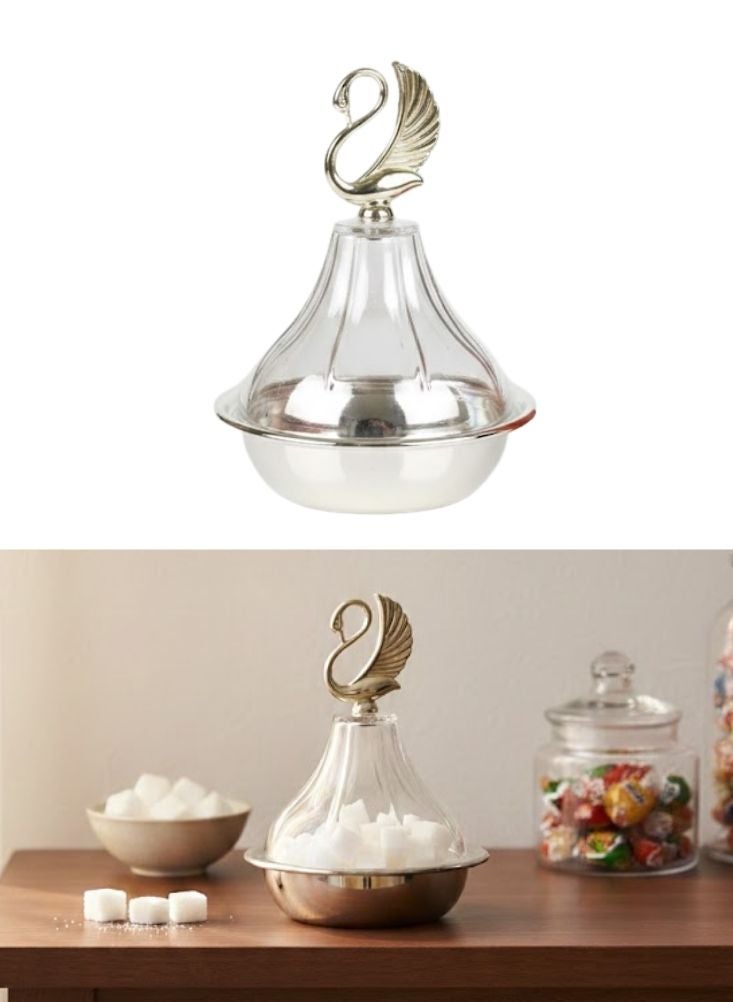 بريميم وعاء سكر زجاجي بمقبض على شكل بجعة مع غطاء قطعة واحدة لتخزين السكر والحلوى - Image 1